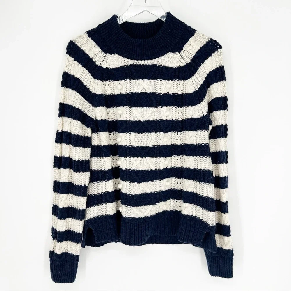 J. Crew Striped Pom Pom Cable-Knit Crewneck Sweater M